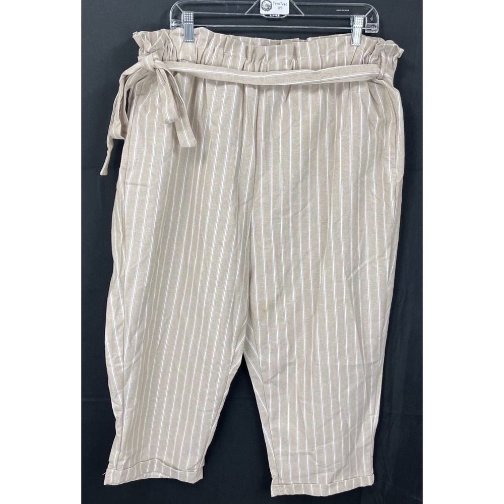 Arabella Womens 2X Striped Linen Blend Paperbag Waist Tapered Pants Made in USA